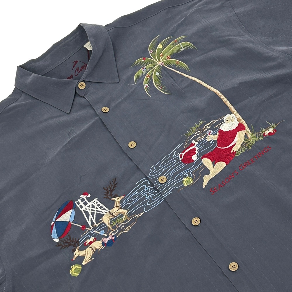 Bamboo Cay Camp Shirt Mens XXL Blue Gray Embroidered Tropical Christmas Santa